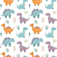 Seamless pattern of cute colorful dinosaurs with floral elements. Children's print vector