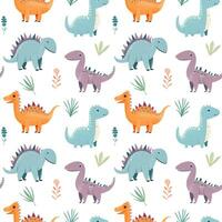 Seamless pattern of cute colorful dinosaurs with floral elements. Children's print vector