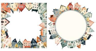 Set of cityscape frame, scandinavian houses. European town, frame with houses for your design, template. vector