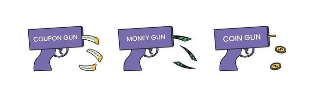 conjunto de púrpura juguete pistolas con inscripciones vector
