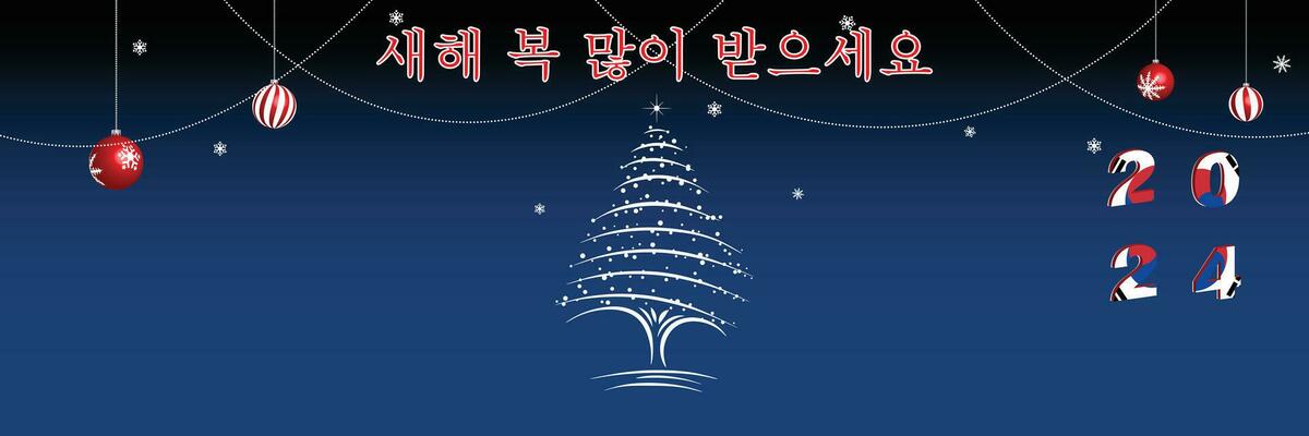 Merry Christmas and Happy New Year web page cover. South Korea flag on the year 2024. Holiday design for greeting card, banner, celebration poster, party invitation. Vector illustration.
