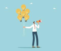 Brilliant ideas for business development and overcoming difficulties, intelligence and creativity to achieve goals, mentoring in creating innovation, man holding light bulbs balloons and loudspeaker. vector