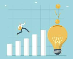 Investing money in innovations for additional profit, turning creative ideas into means of earning money, success and profitability of new projects, man runs with coins on graph to light bulb. vector