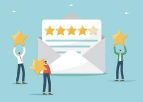 Men hold stars near envelope with rating. Customer feedback about product and service quality, five star rating, positive service feedback, user experience, evaluation rank concept, user satisfaction. vector