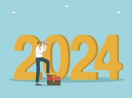estratégico planificación de comportamiento en el nuevo 2024, ajuste negocio metas a lograr alturas, visión para futuro desarrollo de negocio o carrera en 2024, hombre soportes cerca 2024 y mira mediante prismáticos vector