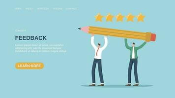 Customer feedback about product and service quality, user satisfaction and experience, appraisal rank, men hold big pencil under five-star rating. Vector illustration for poster, website, banner.