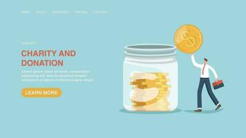 Donation and charity concept. Helping those in need and financing social organizations. Web banner, infographic, web page. A man throws a coin into a jar of coins. vector