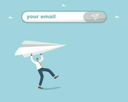 Communication via email, sending emails and letters, work business correspondence of company employees, targeting and information concept, man launches paper airplane under message sending line. vector