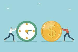 Time is money, long-term return on investment, pension fund concept, interest income from investments or deposits, time to receive money, hourly wages, men rolling watches and coin towards each other. vector