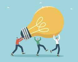 Brilliant idea to achieve great success, brainstorming to innovate for profit, teamwork on new creative projects, collaboration or partnership to find successful strategy, people carry huge light bulb vector