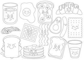 Coloring page with funky food characters for breakfast. Croissant, french toast with jam and nut chocolate spread and banana, coffee, pancakes, waffle, bacon, egg, juice, sausage, avocado, salmon vector