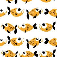 Seamless pattern with cheerful fish. Vector illustration in monochrome hand-drawn cartoon style.