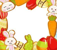 Easter banner holiday day, with easter eggs and gingerbread cookies on white  background, concept. vector