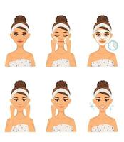 Set of woman doing home beauty treatments. Facial care. vector