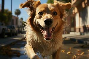 Happy dog walking at street at summer day. Generative AI photo