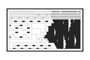 Skyscrapers evening window turned 90 degrees black and white cartoon flat illustration. Cityscape urban scene reversed 2D lineart object isolated. Inverted view monochrome scene vector outline image