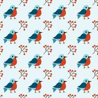 Christmas winter seamless pattern with cute birds bullfinches and rowan berries. Vector flat background.