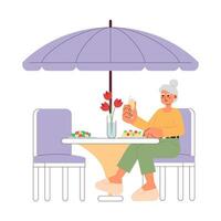 Senior woman eating fancy dinner 2D cartoon character. Elderly lady at patio dining restaurant isolated vector person white background. Toasting drink. Retirement enjoying color flat spot illustration