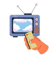 Dreamy clouds on old television 2D illustration concept. Changing program with clicker isolated cartoon character hand, white background. Cumulus forecast weather metaphor abstract flat vector graphic