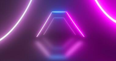 Abstract triangle tunnel neon blue and purple energy glowing from lines background photo