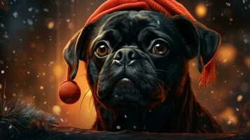 Pug dog in festive Santa Claus hat for New Year and Christmas photo