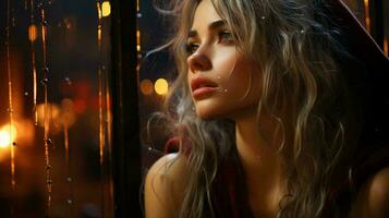 A beautiful pensive woman looks out the window at night during the rain and drops flow down the glass. Face of a sad girl close-up photo