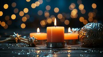 Beautiful candles and Christmas tree toys and decorations for New Year and Christmas photo