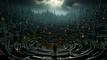 A man stands in a maze and thinks, view from the back. The concept of difficulty in making a decision photo