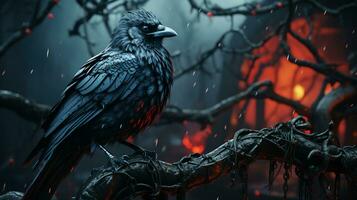 Creepy black raven sitting on a branch at night for Halloween photo