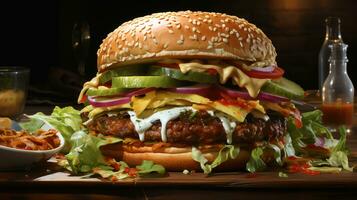 delicioso grande hamburguesa con carne de vaca carne empanadas y queso foto