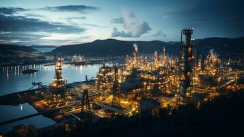Large oil refinery industrial chemical plant top view at night photo