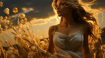 Beautiful woman runs through a field with wheat on a sunny day in summer photo