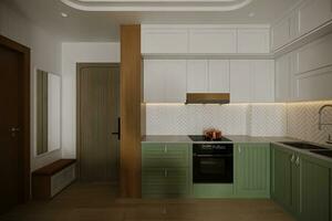 Interior of Minimalist Open Kitchen With White and Green Ava and Technology, 3D rendering photo