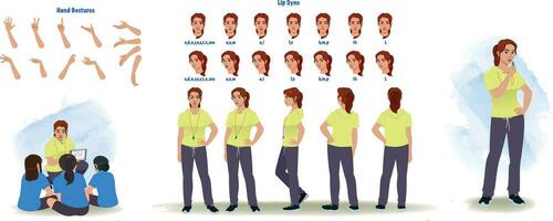 A female trainer, pt teacher model sheet, creation set. Coach turnaround sheet, hand gestures, lip sync vector