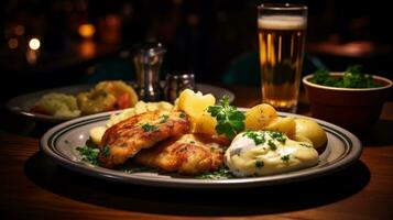 Fried chicken fillet with potatoes and sauce on a wooden table. AI Generative photo