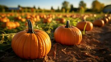 Pumpkin patch on sunny autumn day. Colorful pumpkins ready for Halloween. AI Generative photo