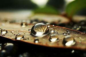 AI Generative. Water droplets on a leaf in the morning. Shallow depth of field photo