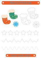 Trace and color. Tracing lines for children. Christmas, Christmas sock, stocking, boot, candy handwriting practice development.Vector EPS10 vector