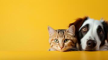 Dog and cat together, cute pets, isolated banner with copy space. Generative AI photo