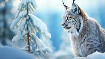 A wild lynx, its tufted ears perked, camouflaged against the snowy wilderness, watching intently. Generative AI photo