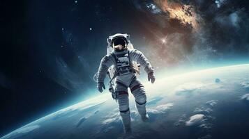 Astronaut in space, cosmos. Web banner with copy space. Generative AI photo