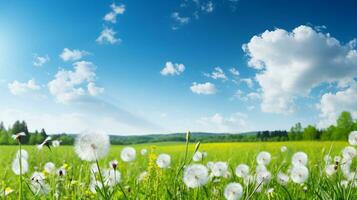 Meadow with green grass, flowers, dandelions and sunny sky, spring or summer background. Generative AI photo