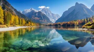 Lake, forest and mountain, beautiful autumn landscape. Generative AI photo