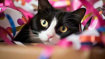 Tuxedo cat curiously peering inside an open gift box, festive ribbons surrounding it. Generative AI photo