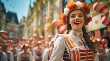 hermosa joven mujer en tradicional bávaro disfraz a el Oktoberfest. ai generativo foto