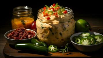 AI Generative. Homemade pimento cheese with vegetables on a black background photo