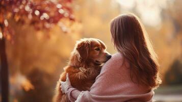 Dog and woman, spring or autumn day in park. Generative AI photo