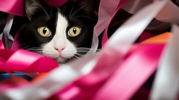 Tuxedo cat curiously peering inside an open gift box, festive ribbons surrounding it. Generative AI photo