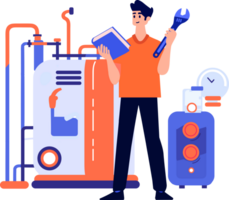 Hand Drawn Technician or engineer with engine in factory in flat style png