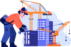 Hand Drawn Engineer or architect with building under construction in flat style png